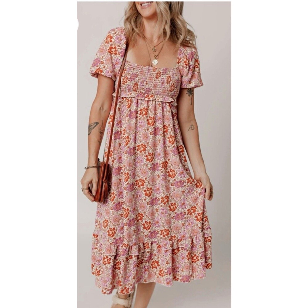 Altar'd State Floral Smocked Puff Sleeve square neck Midi Dress tie back XL boho